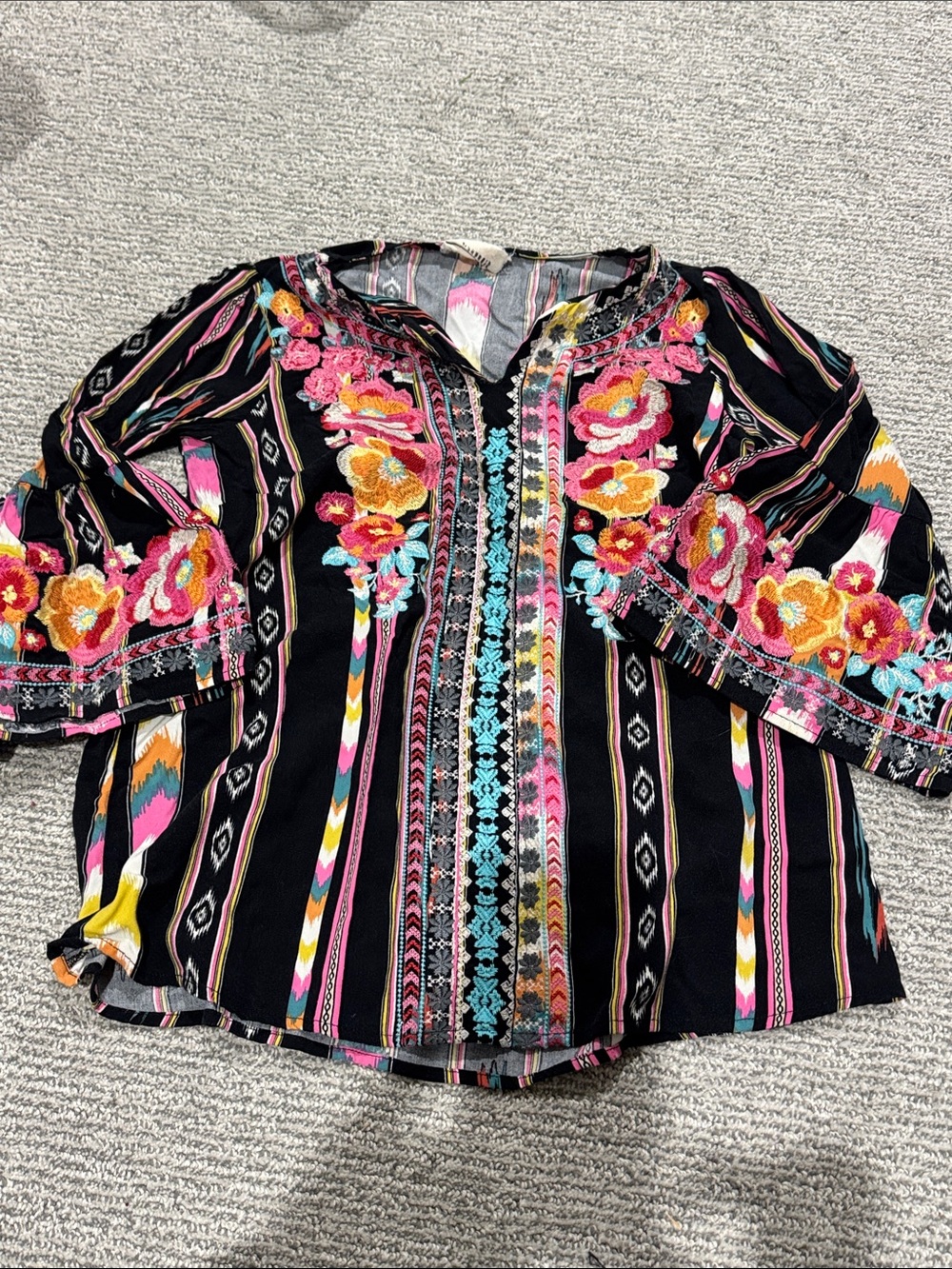 Savanna Jane Black Embroidered Floral Stripe Tunic